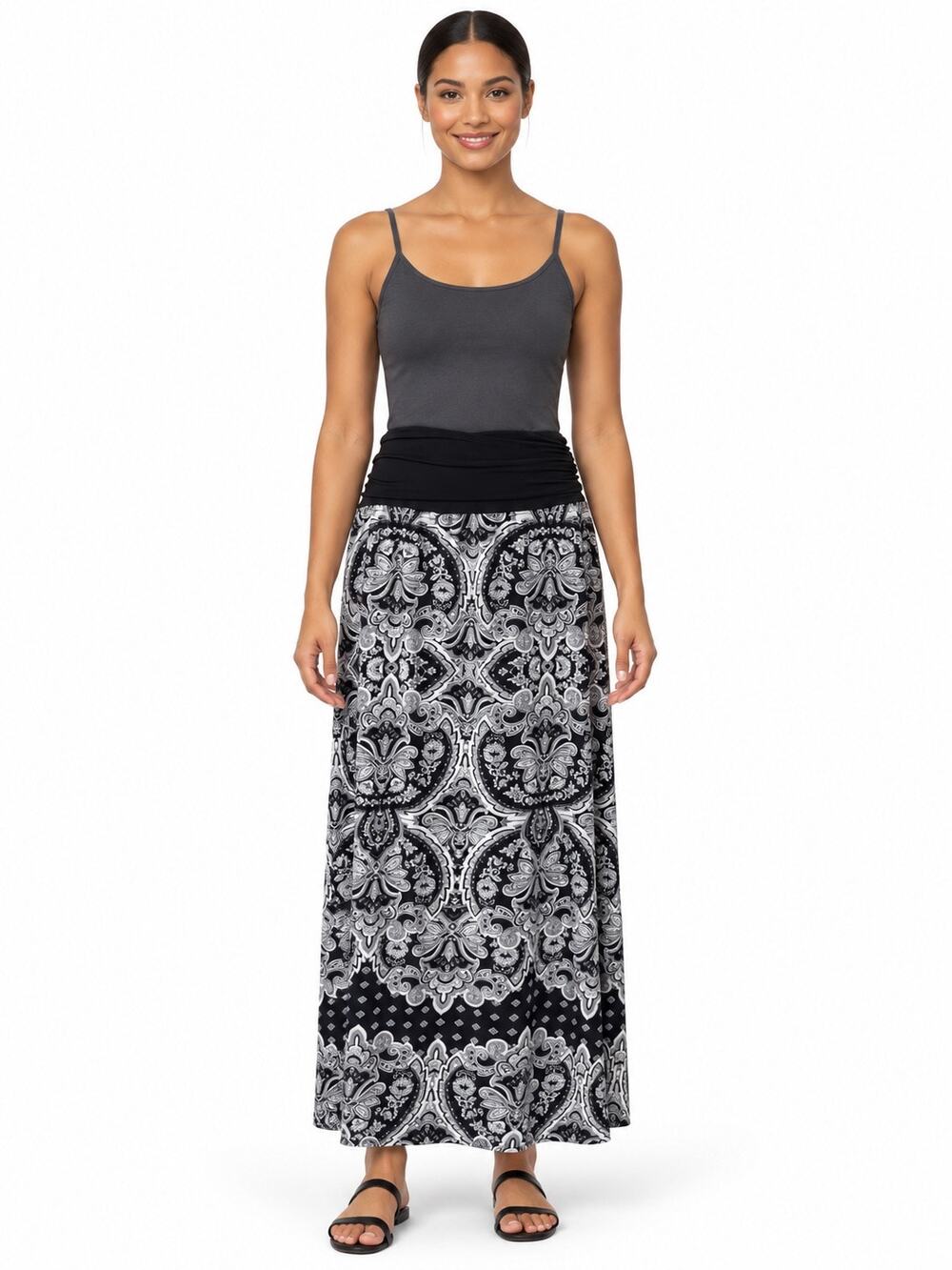 Apt. 9 Black & White Baroque Print Wide Waistband Stretchy Maxi Skirt